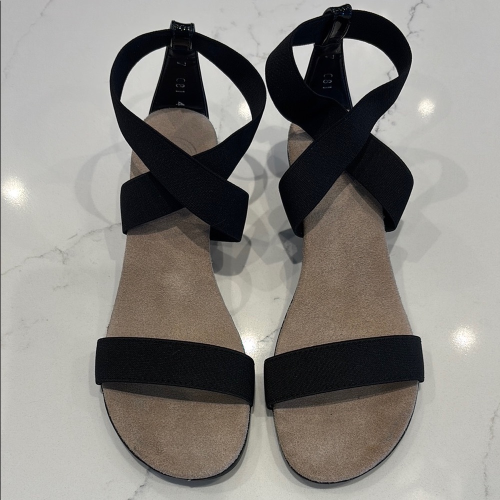 CHARLESTON SHOE CO. Black and Tan Sandals with Crisscross Ankle Straps